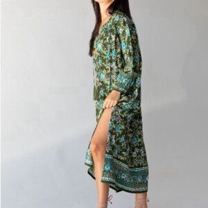 Natural Life Dara Green Floral Tie, V-neck Boho Oversized Midi Dress Size XS